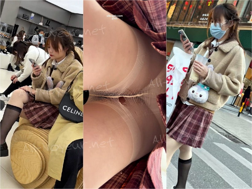 JK制服姿の女子高生がショッピング中。冬なのに薄手のストッキングを2枚重ね履き。肌色のストッキングが破れている。